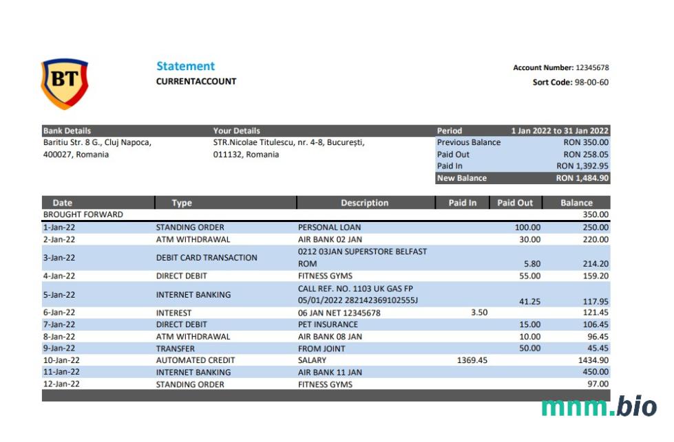 Szablon wyciągu bankowego Romania Banca Transilvania w programie Word i PDF